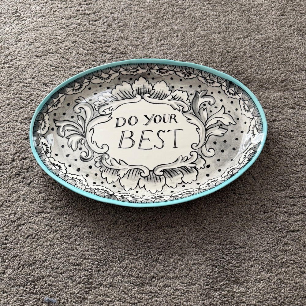 Molly Hatch "Do Your Best" Oval Serving Platter Turquoise‎ Border Black White